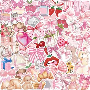100pcs ملصقات Coquette ملصقات جمالية وردية حزمة ملصقات ربطة عنق اللطيف للفتيات الوردي ملصقات ملصقات فينيل محمول مقاومة للماء الشارات الجمالية