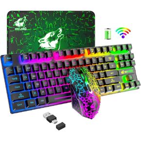 Lexonelec Wireless RGB Backlit Gaming Keyboard Mouse Combo ، بطارية 3800 مللي ثانية قابلة للشحن ، 87 مفتاحًا ميكانيكيًا ، والماوس الهادئ ووسادة الماوس للاعبين والمكاتب (أبيض)