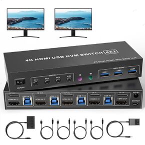 HDMI2.1 KVM Switch 2 Switors 2 Computers 4K@60Hz ، USB3.0 Dual Computers KVM Switch for 2 Computer Share 2 مراقبين مع 3 منافذ USB مشاركة المفاتيح والماوس ، الطابعة ، وحدة تحكم سطح المكتب