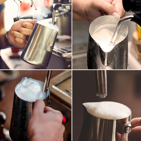 كوب إبريق الحليب المزيف ، 12 أوقية/350 مل كوب متوترة من الفولاذ المقاوم للصدأ تبخير الحليب إبريق قهوة لاتيه كابتشينو الإسبريسو آكليس إكسسوارات البخار البخاري باريستا ملاعق الحلوى المرفقة in Kuwait