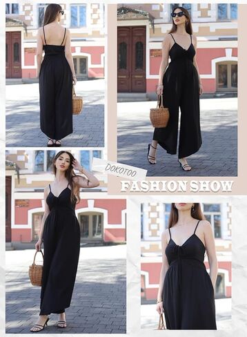 بدلة قفز نسائية من Dokotoo بأشرطة سباغيتي ورباط مكشكش وساق واسعة رومبير كاجوال مع جيوب in Kuwait