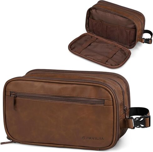 PAVILIA Toiletry Bag for Men, Travel Toiletries Bag | Water-resistant Dopp Kit, PU Leather Shaving Pouch Organizer for Accessories, Cosmetic, Hygiene, Grooming Essentials (Dark Brown) in Saudi Arabia