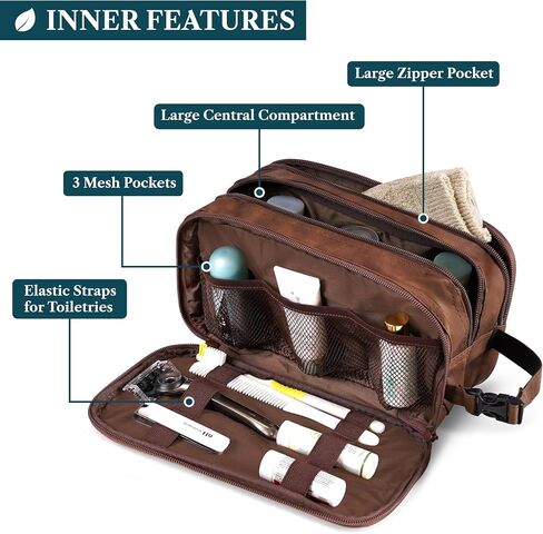 PAVILIA Toiletry Bag for Men, Travel Toiletries Bag | Water-resistant Dopp Kit, PU Leather Shaving Pouch Organizer for Accessories, Cosmetic, Hygiene, Grooming Essentials (Dark Brown) in Saudi Arabia