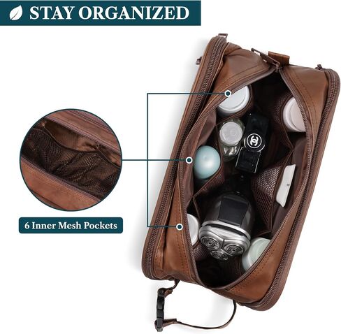 PAVILIA Toiletry Bag for Men, Travel Toiletries Bag | Water-resistant Dopp Kit, PU Leather Shaving Pouch Organizer for Accessories, Cosmetic, Hygiene, Grooming Essentials (Dark Brown) in Saudi Arabia