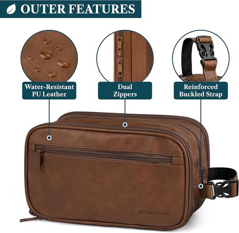 PAVILIA Toiletry Bag for Men, Travel Toiletries Bag | Water-resistant Dopp Kit, PU Leather Shaving Pouch Organizer for Accessories, Cosmetic, Hygiene, Grooming Essentials (Dark Brown) in Saudi Arabia