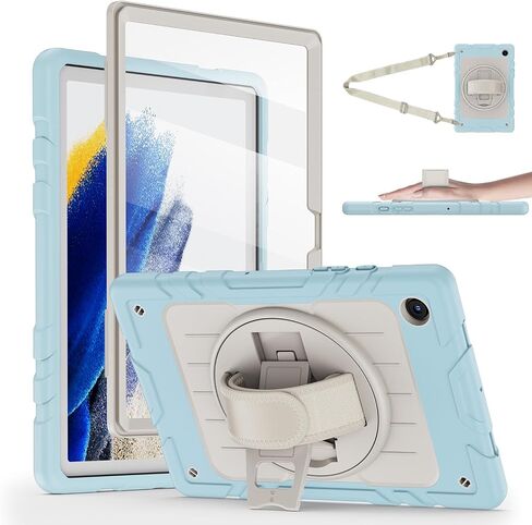 for Samsung Galaxy Tablet A8 Case 10.5 inch 2022 SM-X200/X205/X207 with Screen Protector [360 Rotating Stand] &Hand Shoulder Strap Shockproof Rugged Protective Cover|Black in Kuwait