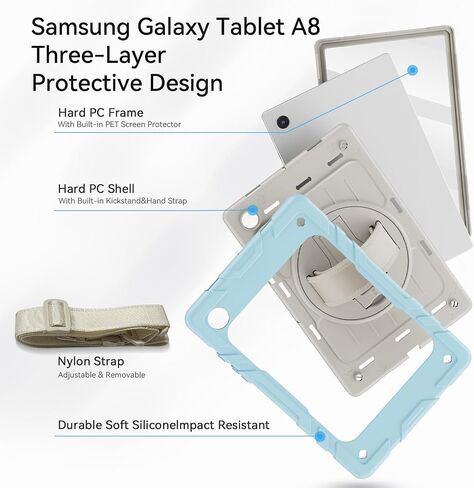 for Samsung Galaxy Tablet A8 Case 10.5 inch 2022 SM-X200/X205/X207 with Screen Protector [360 Rotating Stand] &Hand Shoulder Strap Shockproof Rugged Protective Cover|Black in Kuwait