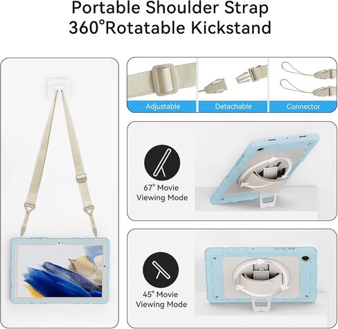 for Samsung Galaxy Tablet A8 Case 10.5 inch 2022 SM-X200/X205/X207 with Screen Protector [360 Rotating Stand] &Hand Shoulder Strap Shockproof Rugged Protective Cover|Black in Kuwait