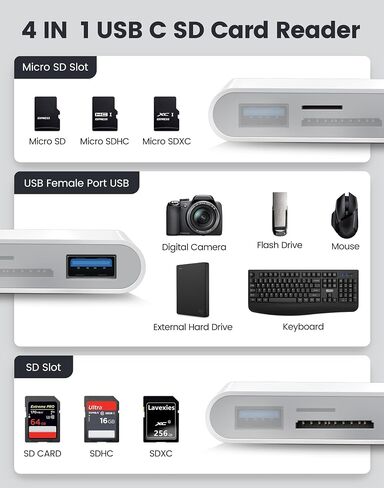 USB C SD Card Reader USB-C إلى SD MicroSD XD Picture MS Memory Stick Compact Flash ، Type C 6 Slots Trail Cameras Adapter for iPhone 15 16 iPad Mac Macbook Macbook المزيد من أجهزة USBC in Kuwait