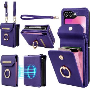 بالنسبة إلى Samsung Galaxy Z Flip 6 Case مع حامل بطاقة حظر RFID مع إغلاق مغناطيسي ، وحالة هاتف Pu Crossbody Wallet مع حامل خاتم 360 درجة وحزام معصم ، حمراء النبيذ