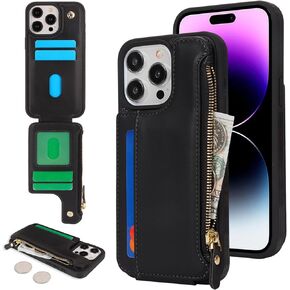 Cavor for iPhone 14 Pro Max Case مع حامل البطاقة ، للحصول على محفظة iPhone 14 Pro Max للنساء ، علبة الهاتف لـ iPhone 14 Pro Max مع محفظة ، جلود سحاب غلاف الجيب الأسود