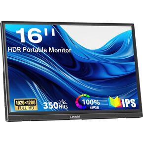 شاشة محمولة 16 بوصة ، HDR 1920X1200P SCREOL SCREED SCREET OFFTION مع منفذ USB C HDMI ، شاشة السفر لجهاز الكمبيوتر المحمول/الكمبيوتر/الهاتف/Xbox/Switch/PS4