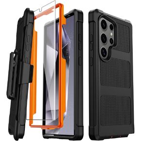 بالنسبة إلى Samsung Glaxy S24 Ultra Case ، [حامي الشاشة] قضية الهاتف العسكرية للصف العسكري الشاقية لـ Samsung Glaxy S24 Ultra مع Kickstand & Belt Clip Holster (Black)