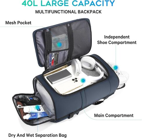 Bange 40L سفر على ظهره مع مقصورة الأحذية ، حزمة كبيرة من السعة في Weekender Daypack تناسب 17.3 بوصة كمبيوتر محمول ، حقيبة تحمل على الأمتعة مع حامل زجاجة ماء للسفر ، المشي لمسافات طويلة ، الأعمال in Kuwait