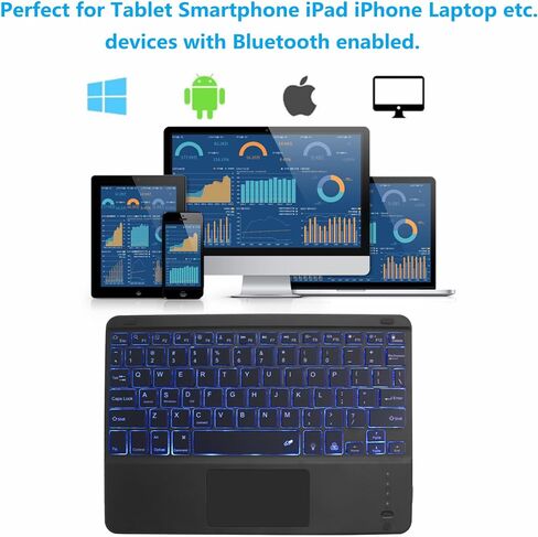 Bluetooth Keyboard with Touchpad,Ultra Silm 7 Colors Backlit Wireless Keyboard Rechargeable Portable Keypad with Trackpad for iPad iOS Android Windows Tablets PC Smartphone Universal(White) in Kuwait