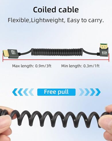 8K الزاوية اليسرى كابل ملفوف HDMI 3ft ، 90 درجة HDMI قصيرة إلى كابل HDMI ، Spring spiral HDMI 2.1 كابل 8K@60Hz ، 48 جيجابت في الثانية ، للكاميرا/التلفزيون/الالتقاط/الكمبيوتر اللوحي in Kuwait