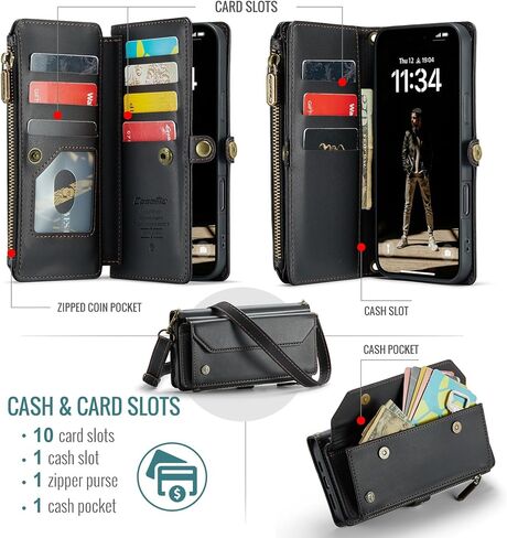 بالنسبة إلى حالة iPhone 16 Pro Max ، فإن Women Men Multi-Function Wallet Case with Stand RFID يتميز بسحاب مغناطيسي يشمل حزام معصم حزام الكتف (الأرجواني) in Kuwait