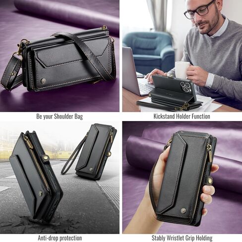 بالنسبة إلى حالة iPhone 16 Pro Max ، فإن Women Men Multi-Function Wallet Case with Stand RFID يتميز بسحاب مغناطيسي يشمل حزام معصم حزام الكتف (الأرجواني) in Kuwait