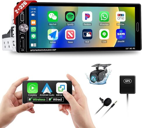 Single Din Touchscreen Car Stereo with Wireless Apple CarPlay Android Auto, 6.86 '' Car Radio Audio Receiver with iOS/Android Mirror Link Bluetooth FM SWC EQ USB Multimedia Player + Backup Camera in Kuwait