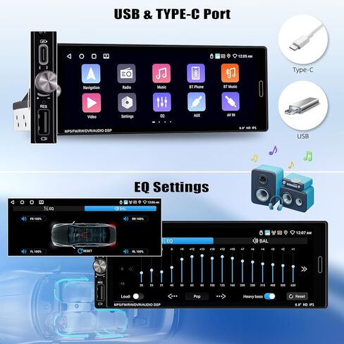 Single Din Touchscreen Car Stereo with Wireless Apple CarPlay Android Auto, 6.86 '' Car Radio Audio Receiver with iOS/Android Mirror Link Bluetooth FM SWC EQ USB Multimedia Player + Backup Camera in Kuwait