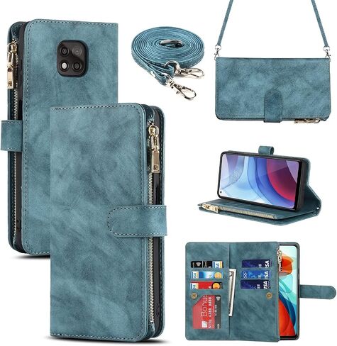 iCoverCase for Motorola Moto G Power 2021 Wallet Case with Card Holder, Kickstand Feature PU Leather Case with Adjustable Crossbody Lanyard Magnetic Clasp Zipper Pocket Flip Cover (Purple) in Kuwait