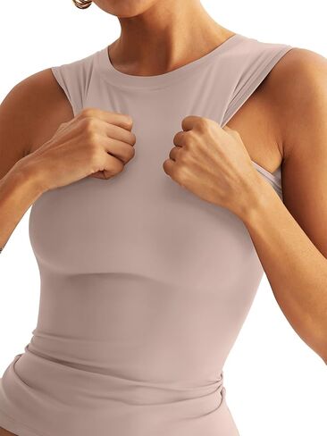 قمصان نسائية بدون أكمام ذات ظهر راسيرباك مبطنة مزدوجة، قمصان أساسية ملائمة برقبة عالية in Kuwait
