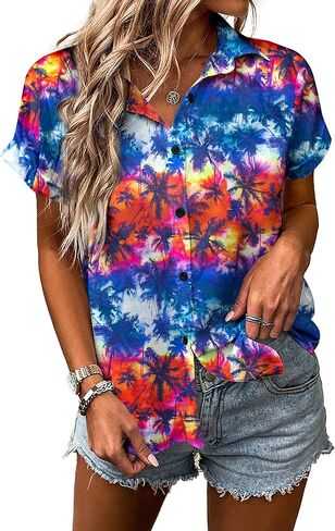 Hawaiian Shirts Women Hawii T Shirt: Women's Button down Shirt Tropical Printed T-Shirt Casual Short Sleeve Tops in Kuwait
