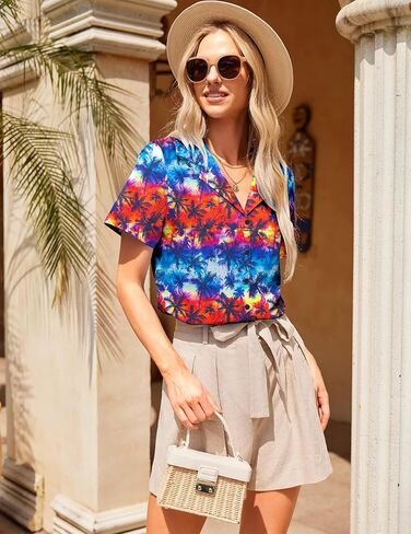 Hawaiian Shirts Women Hawii T Shirt: Women's Button down Shirt Tropical Printed T-Shirt Casual Short Sleeve Tops in Kuwait