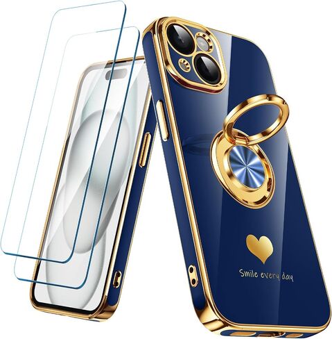 Compatible for iPhone 15 Case with 2 Pack Screen Protector, 360° Rotatable Ring Holder [Luxury Hearts Pattern] Plating Gold Edge Slim Soft Phone Cover Case for iPhone 15 - Purple in Kuwait