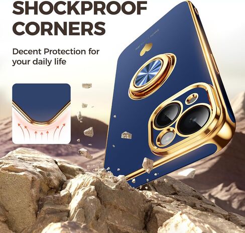 Compatible for iPhone 15 Case with 2 Pack Screen Protector, 360° Rotatable Ring Holder [Luxury Hearts Pattern] Plating Gold Edge Slim Soft Phone Cover Case for iPhone 15 - Purple in Kuwait