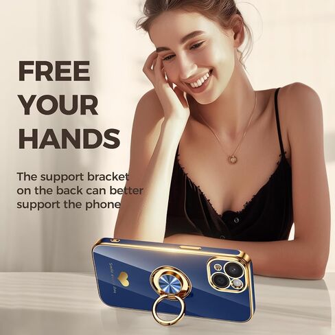 Compatible for iPhone 15 Case with 2 Pack Screen Protector, 360° Rotatable Ring Holder [Luxury Hearts Pattern] Plating Gold Edge Slim Soft Phone Cover Case for iPhone 15 - Purple in Kuwait