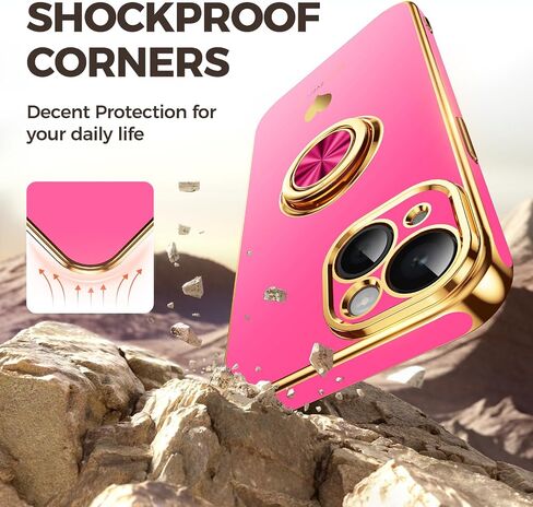 Compatible for iPhone 15 Case with 2 Pack Screen Protector, 360° Rotatable Ring Holder [Luxury Hearts Pattern] Plating Gold Edge Slim Soft Phone Cover Case for iPhone 15 - Purple in Kuwait