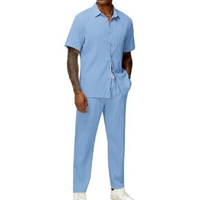 LecGee Men's 2 Piece Vertical Striped Textured Outfits Summer Casual Button Down Shirts And Pants Matching Sets