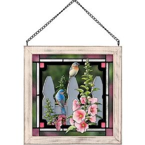 5386497320 Stained Glass Art, 9-inch Height (Picket Fence Bluebirds)