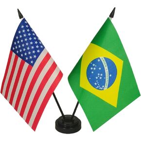 1 American and 1 Brazil 8"x5" Miniature Desk & Table Flag, Includes 2 Flag, American& Brazilian Desk Flag, Twin Pin and Base, 8 x 5 Inches American & Brazil Deluxe Desk Flag Set - Miniature American &