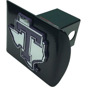 شعار Tarleton State Texans المعدني (مع حافة أرجوانية) على غطاء وصلة ربط معدنية سوداء