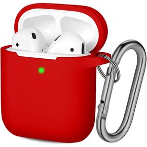 غطاء حافظة Hamile متوافق مع AirPods، جلد واقي من السيليكون الناعم (مصباح LED أمامي مرئي) مصمم لجهاز Airpod 2/ AirPod 1 مع ملحقات سلسلة المفاتيح، للنساء والفتيات والرجال والأولاد، أحمر