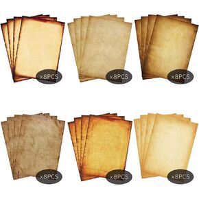Stationary Paper 48 Pack Parchment Antique Colored Printed Paper, Stationery Vintage Letter Writting Paper for Craft, Invitations, Map, 8.5 X 11 Inch