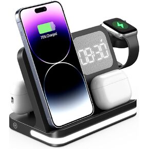 محطة شحن لاسلكية HATALKIN 3 في 1 لأجهزة Apple مع ساعة منبه متوافقة مع Apple Watch Ultra 9 8 7 SE 6 5 4، iPhone 15 14 13 12 11 Pro Max Mini XS 8/Airpods/Samsung/Google in Kuwait