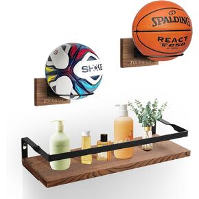 Ball Holder Wall Mount Ball Storage Display, Set of 1 Wall Mounted Display Shelf and 2 Ball Holder Rack, Metal & Wood Ball Rack Organizers for Basketball Football Soccer Volleyball in Saudi Arabia