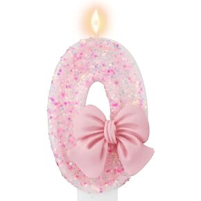 Pink Number 0 Birthday Candle, Girl ​Birthday Party Pink Theme Decorations Supplies, 3D Bow Designed Glitter Pink Number Candles for Birthday Cake Topper Decorations (0 Candle Pink)