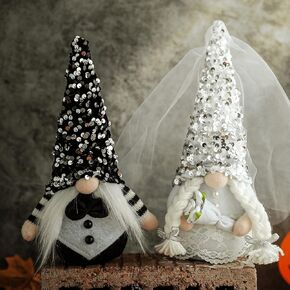Wedding Dress Bride and Groom Gnomes Plush Decor, Romantic Handmade Scandinavian Tomte Dolls Holding Flowers, Wedding Bride to be Decorations Gifts, Anniversary Presents, Valentine's Day, Set of 2