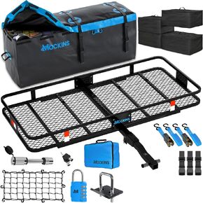 Mockins 60"x20"x6" Folding Trailer Hitch Cargo Carrier Hitch Rack w/Cargo Hitch Carrier Bag | 16 CuFt Vehicle Soft-Shell Carriers Bag & 29"x19"x12" Packing Cubes |500 lbs Cap. Tow Hitch Cargo Carrier