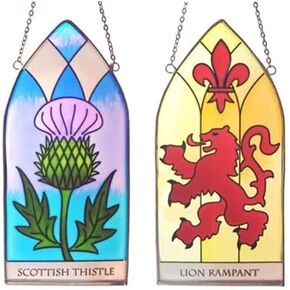 Sotland Gothic Stained Glass Panels Set of 2 Thistle and Lion Rampant Symbols Window Hanging Suncatchers