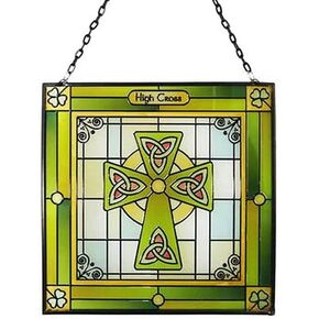 High Cross Stained Glass Window Hang Suncatcher Irish Plaque Handcrafted Shamrock Square Decor Housewarming Gift 6.3" (Glass, Green)