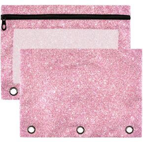 Kcldeci Pencil Pouch for 3 Ring Binder, Pink Glitter Binder Pouches with Zipper Bulk, Pen Holder Case with Clear Window School Class Office Organizers, 2Pack