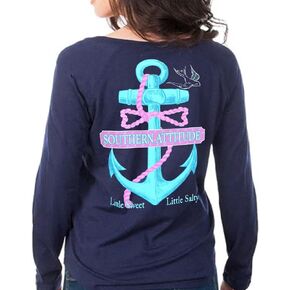Southern Attitude Salty Anchor Navy Blue Preppy Long Sleeve Shirt