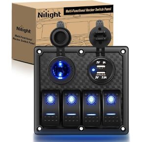 Nilight - 90107D 4 Gang Rocker Switch Panel Waterproof Pre-wired Switch Panel with USB Charger & Power Socket and Fuse DC 12V 24V Rocker Switch Panel for Car Rv Vehicles Trucks,2 Years Warranty