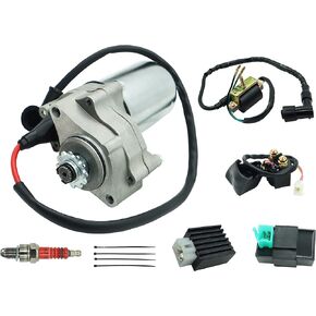 110cc ATV Starter Motor 2 Bolt Fits for Kids ATVs Quad Dirt Pit Bike TaoTao 50cc 70cc 90cc 110cc 125cc, 4 Piece ATV Part with Solenoid Starter Relay&Ignition Coil&Voltage Regulator