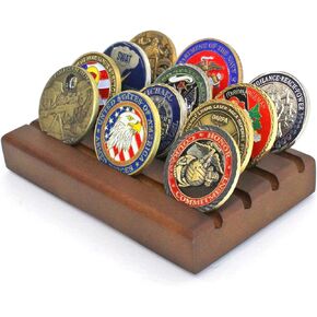 DisplayGifts Challenge Coin Display Stand Wooden Holder Rack Case Holds 12 Military Challenge Coins, Silver Finish